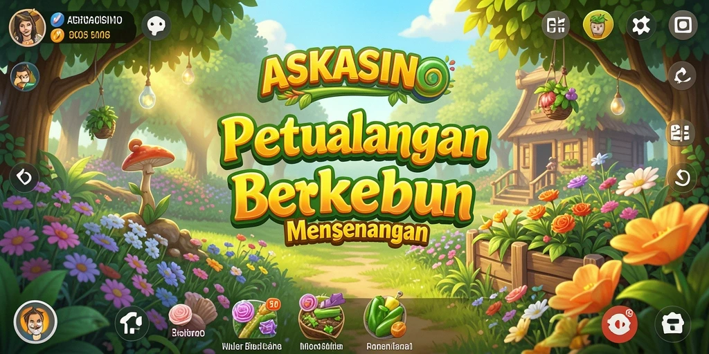 Screenshot gameplay ASKASINO menampilkan kebun yang indah dan tanaman subur.