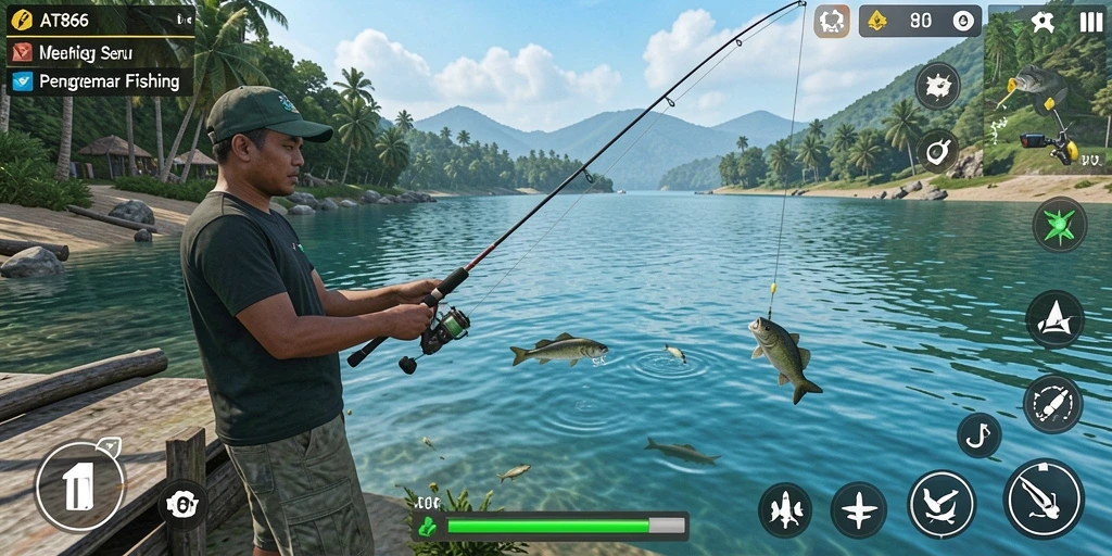 Screenshot menunjukkan gameplay seru memancing di AT866 dengan pemandangan alam yang indah.