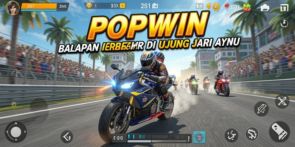 Screenshot utama menunjukkan serunya balapan motor di lintasan yang menantang.